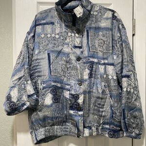 Vintage 100% Silk Stunt Sports Bandana Blue Button Full Zip Bomber Jacket Large